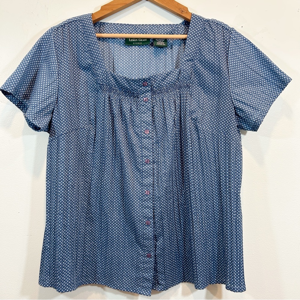 Lemon Grass Studio Blue White Polka Dot Button Down Pleated Short Sleeve Shirt